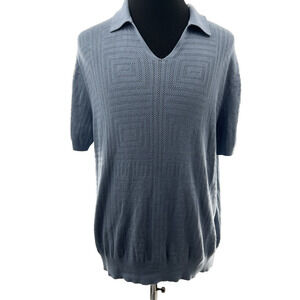 Reiss Men’s XXL Blue Textured Knit Polo Sweater Cotton Blend Short Sleeve Retro